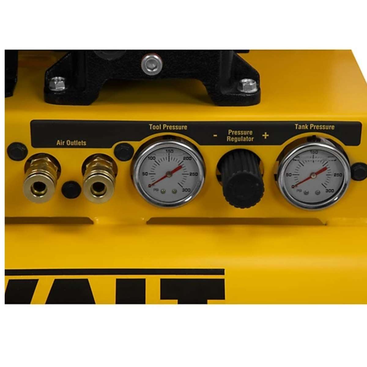 Yellow dewalt 8 gallon wheelbarrow 5.5 hp air compressor control panel with gauges and regulators on a white background