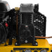 Close-up of a black air compressor on a yellow dewalt 8 gal wheelbarrow gas air compressor with a white background