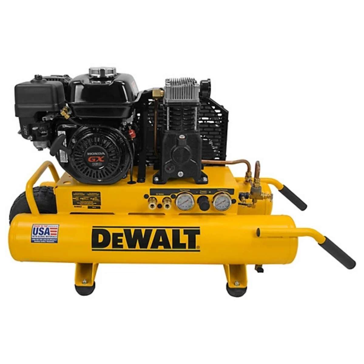 Yellow Dewalt 8 gal wheelbarrow 5.5 hp air compressor with engine on a white background