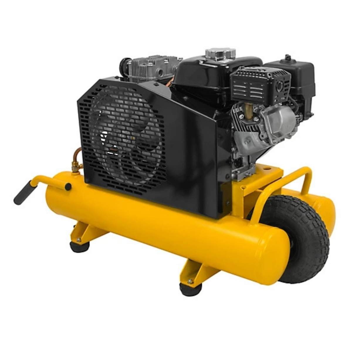 Yellow dewalt 5.5hp 8 gallon air compressor with black engine on a white background