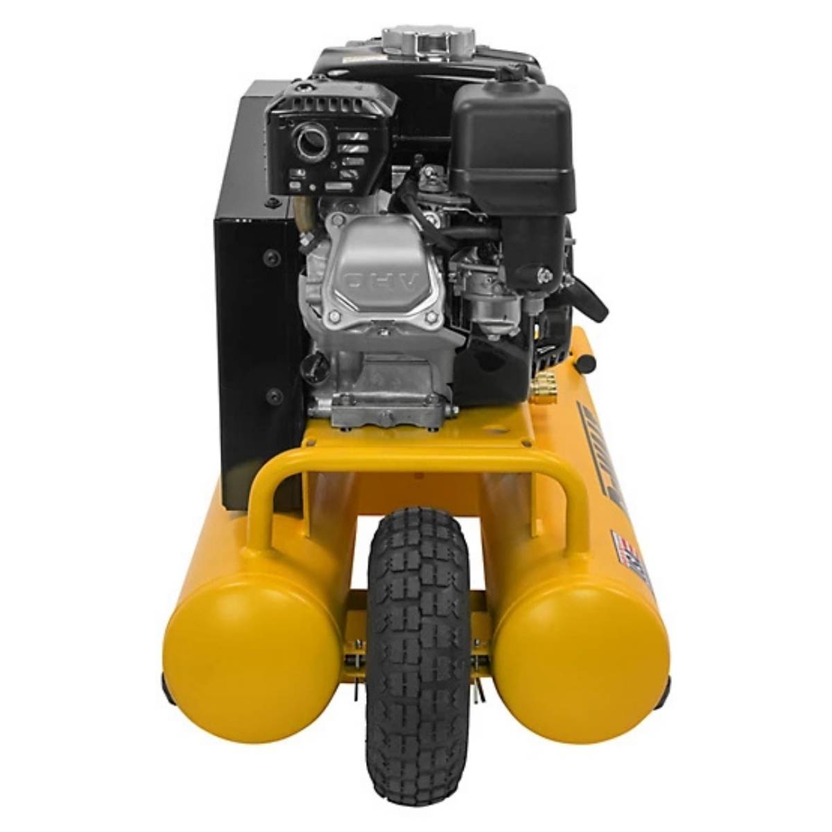 Yellow DeWalt 8 gal wheelbarrow gas air compressor with engine on a white background
