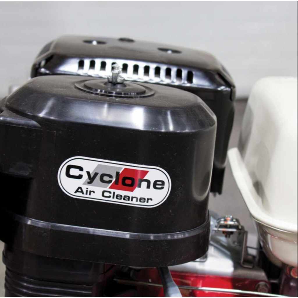 Cyclone air cleaner on a dosko 13hp stump grinder engine with a white background