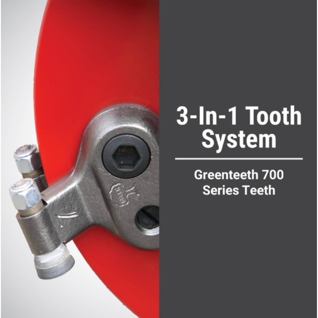 Close-up of a dosko 13hp walk behind stump grinder with '3-In-1 Tooth System' and 'Greenteeth 700 Series Teeth' text on a gray background.