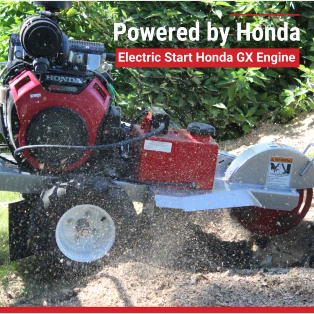 Dosko self propelled 20 hp stump grinder being used outdoors with 'Powered by Honda' text on a green background