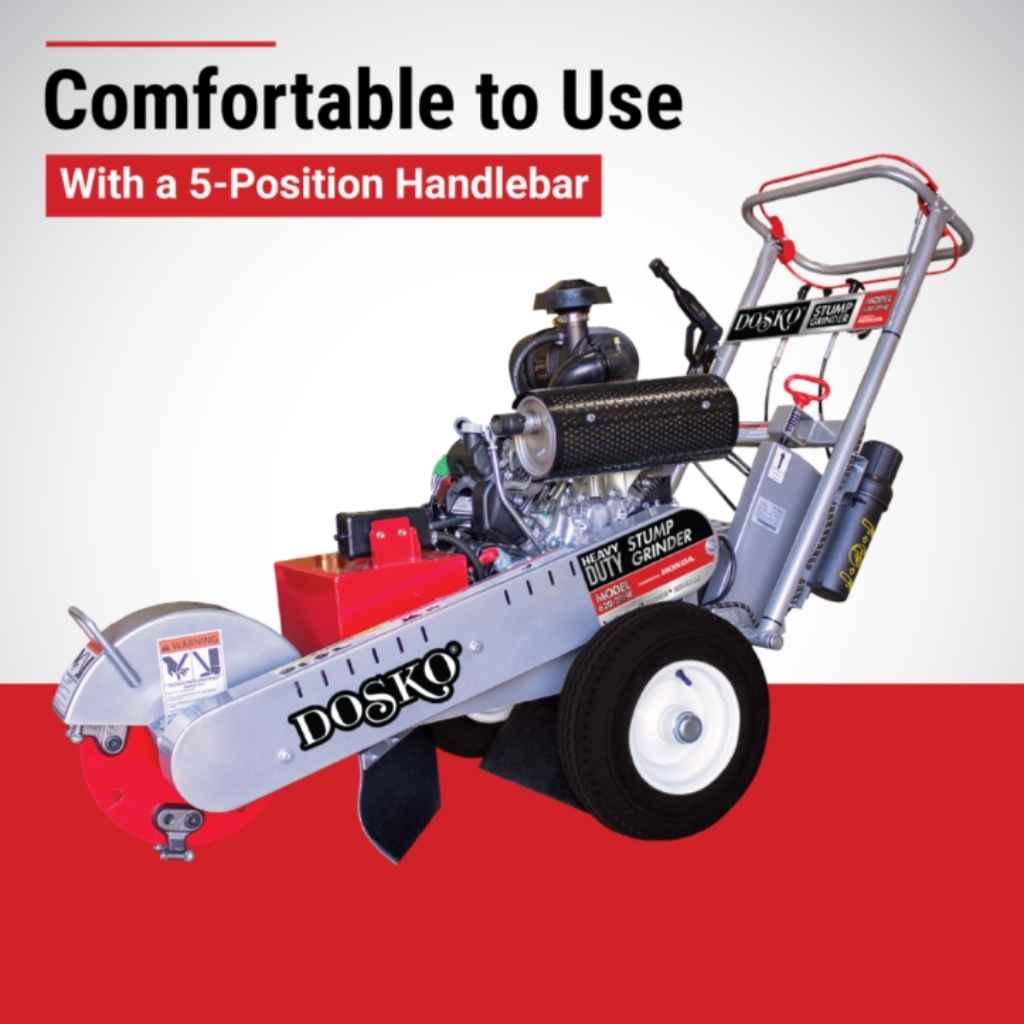 Dosko 20 hp walk behind Stump grinder with 5-position handlebar on a red and white background, featuring the DOSKO brand.