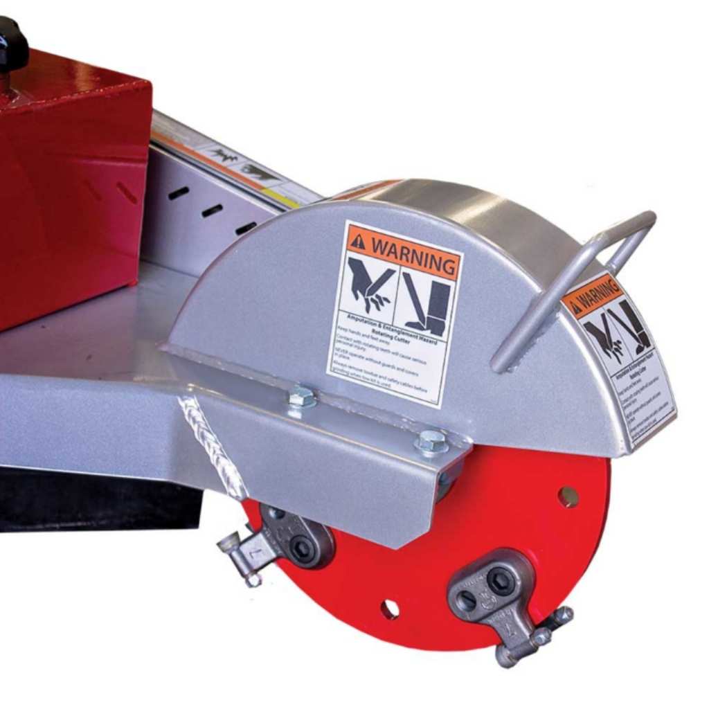 dosko stump grinder 20 hp  with red blade and warning label on a white background