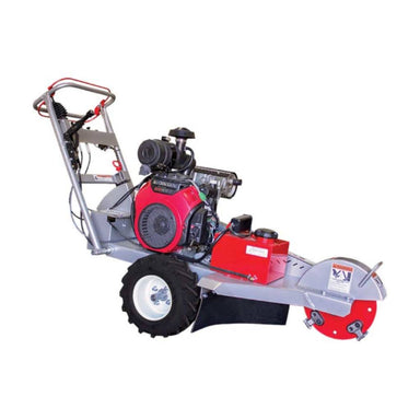 Red and gray dosko 20 hp stump grinder self propelled on a white background