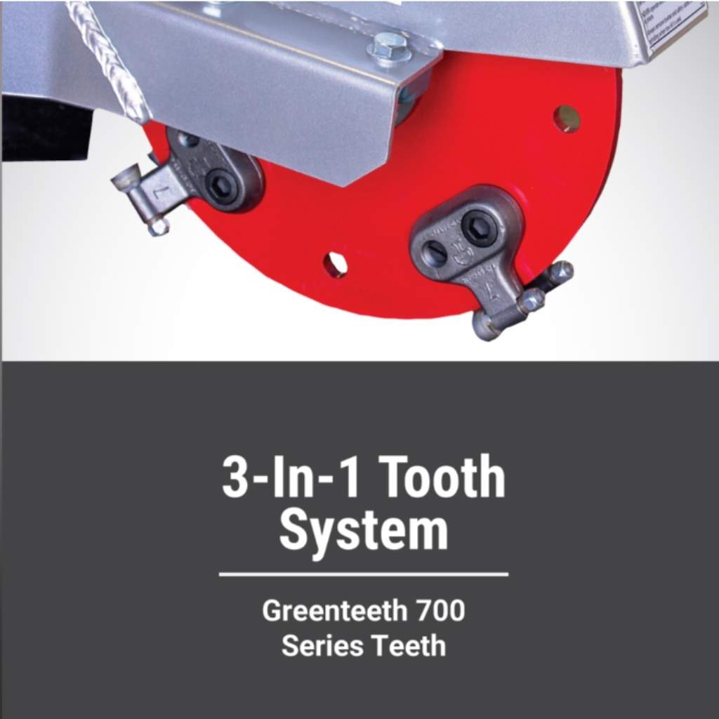 Red dosko 20 hp stump grinder with '3-In-1 Tooth System' text on a gray background