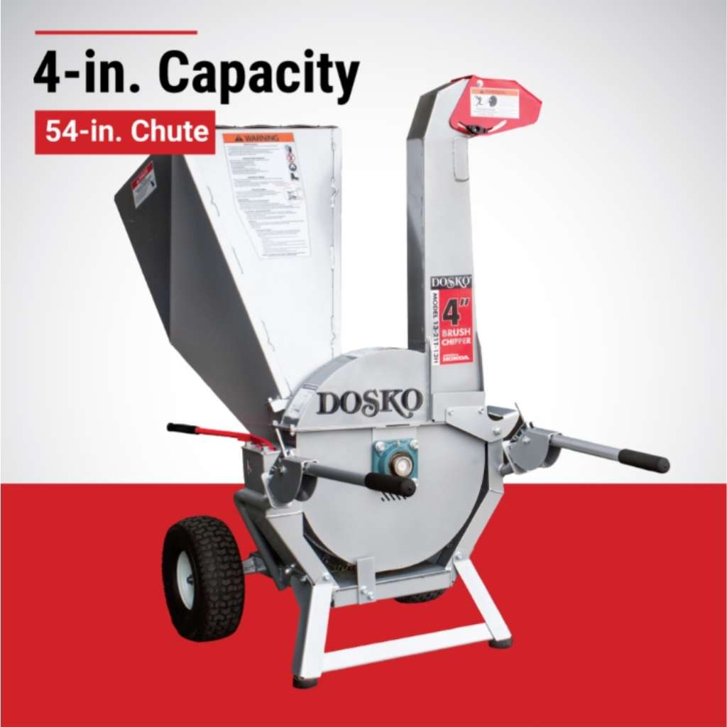 Dosko brush chipper 4in with 4-inch capacity and 54-inch chute on a red and white background