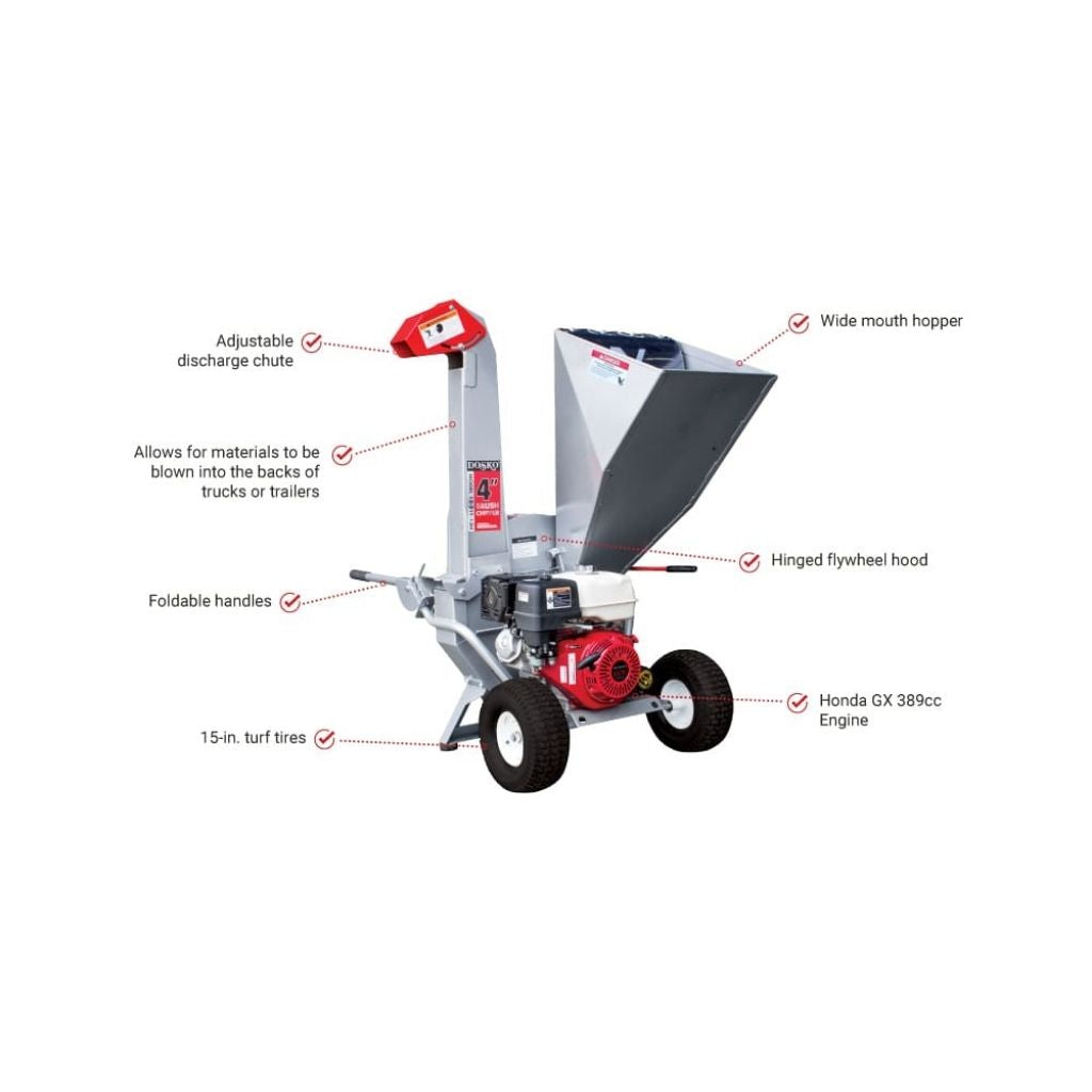 Dosko 4 inch brush chipper with labeled features on a white background