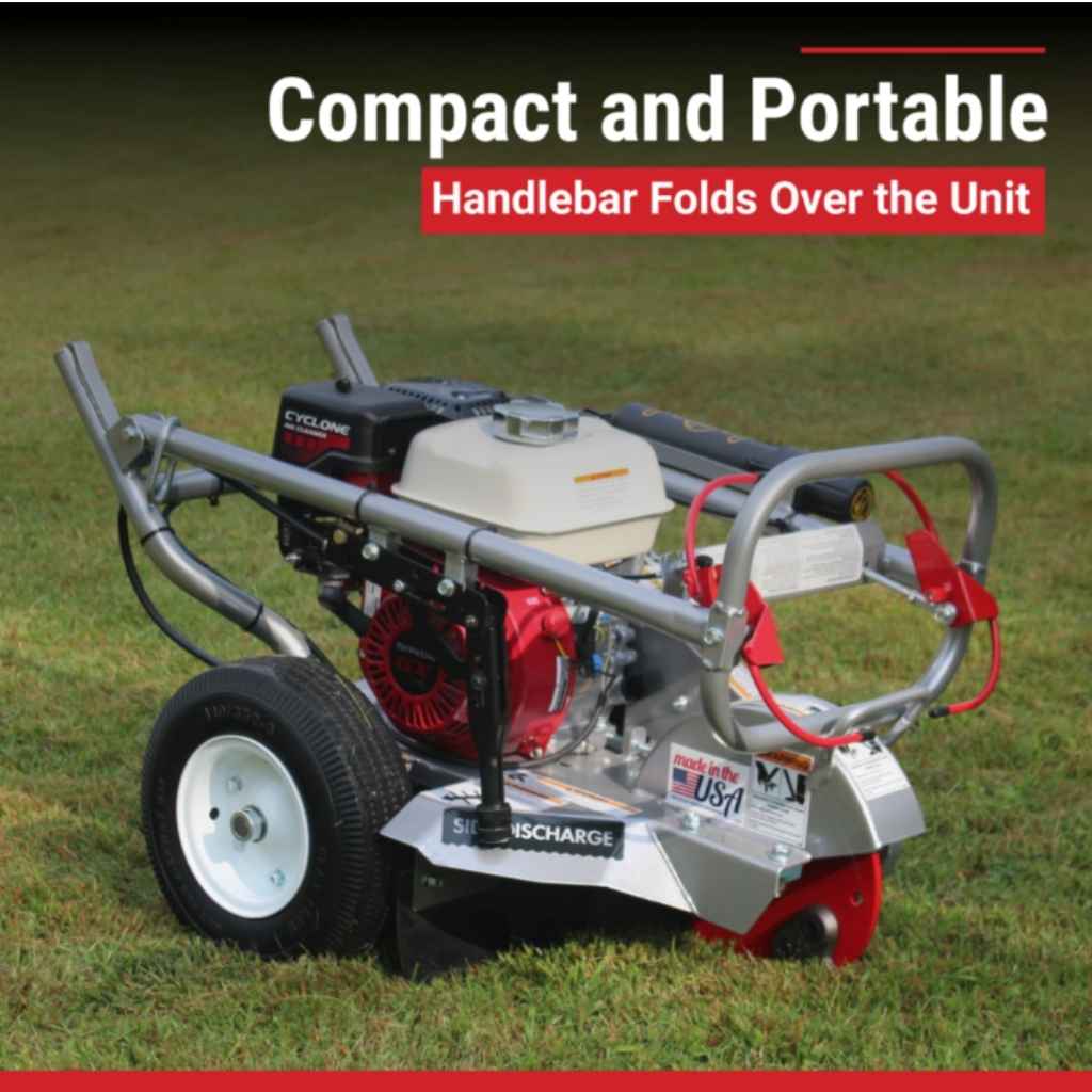 Compact and portable dosko mini 6 hp stump grinder on grass with text highlighting handlebar feature
