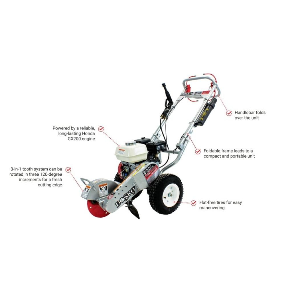 dosko 6 hp mini stump grinder with features highlighted on a white background