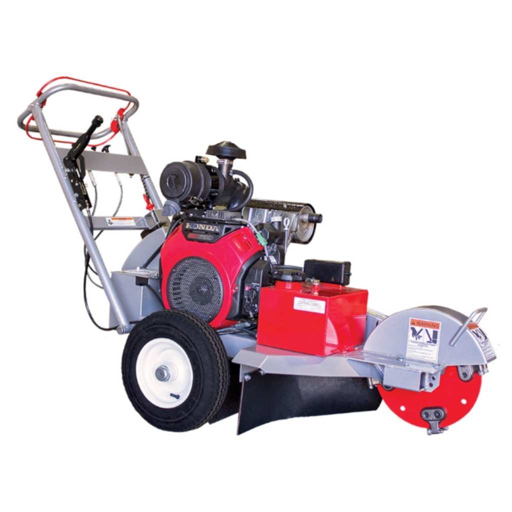 dosko 20 hp walk behind stump grinder with red engine and metal blade on a white background