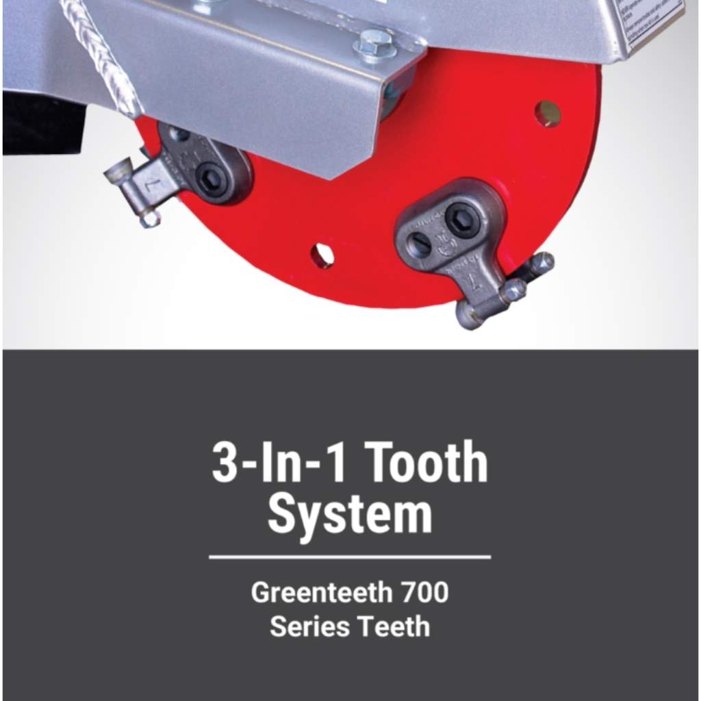 Close-up of a dosko self propelled stump grinder with '3-In-1 Tooth System' text on a gray background