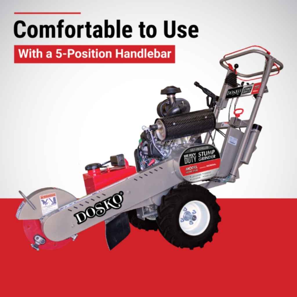 dosko self propelled 20 hp Stump grinder with 5-position handlebar on a red and white background, featuring the brand 'DOSKY'.