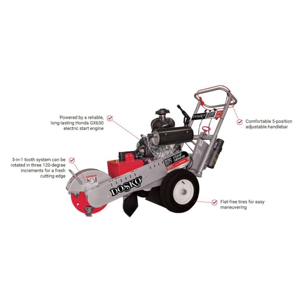 DOSKO 20 hp stump grinder with features highlighted on a white background