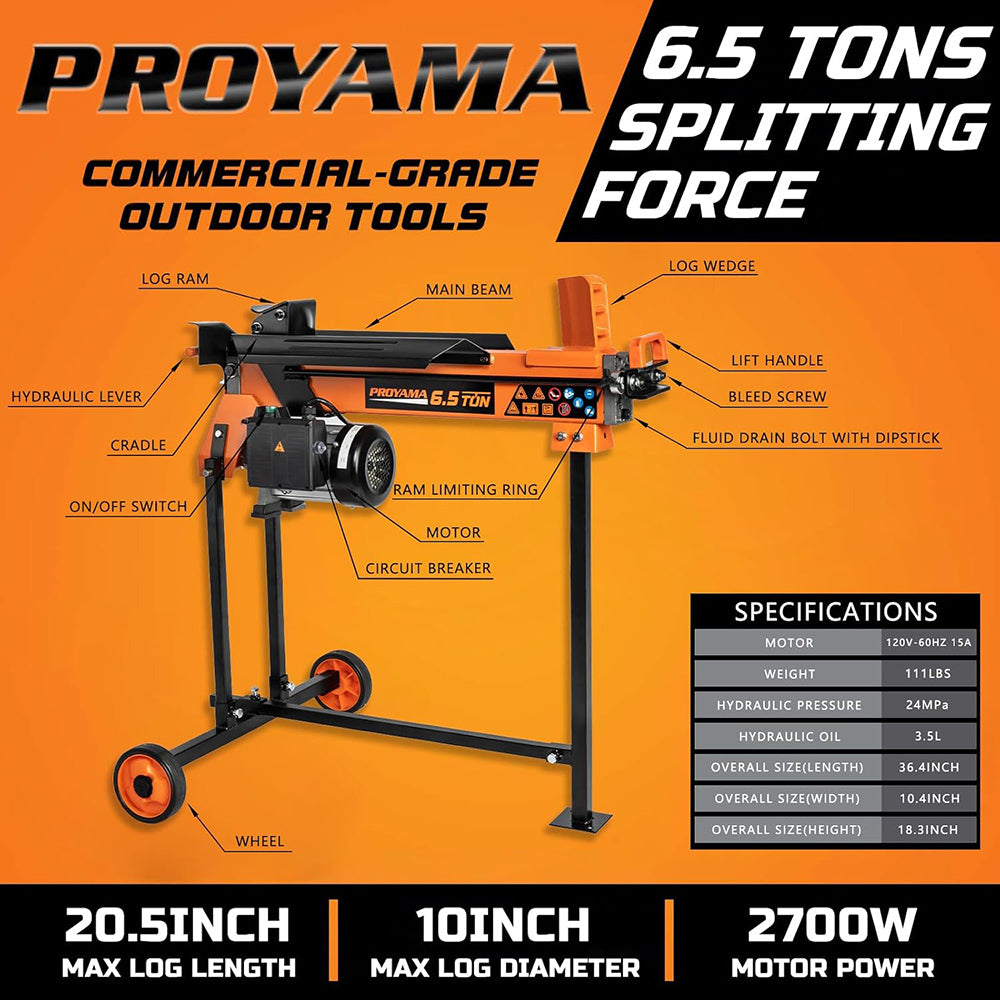 PROYAMA splitting machine with labeled parts and specifications on an orange background