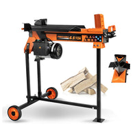 Orange and Black Proyama 6.5 ton Logsplitter With Stand side view logs in background