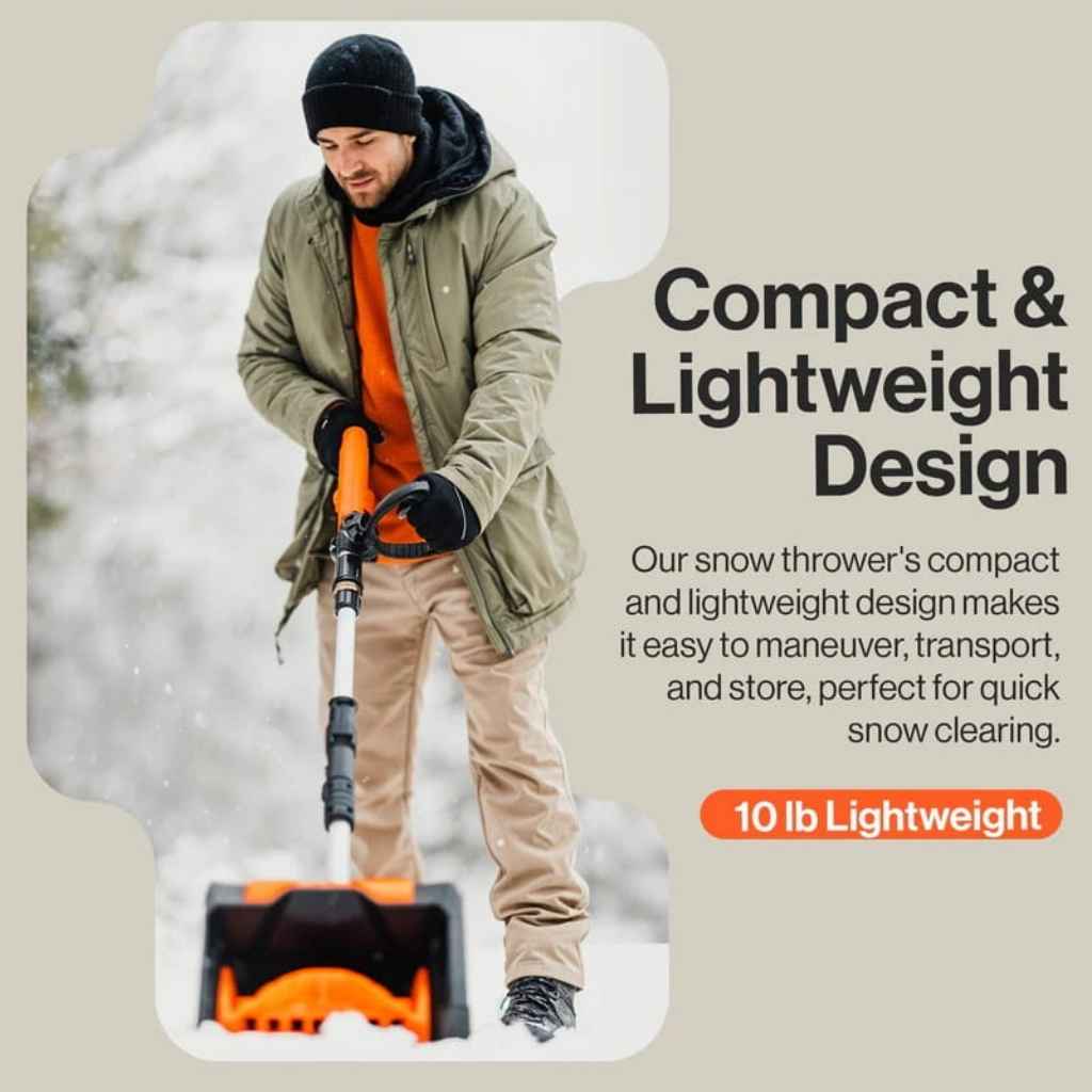 Person using a superhandy 20 v snow thrower with text highlighting its compact and lightweight design.