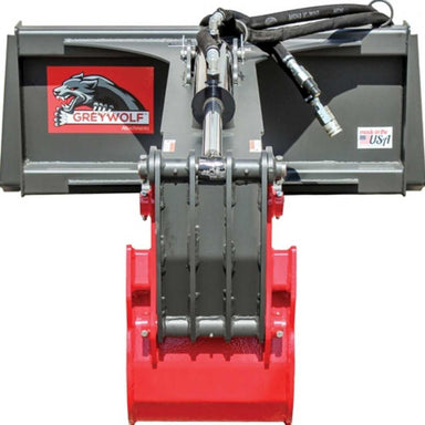 Red and gray greywolf backhoe skid steer attachment with Greywolf logo on a white background