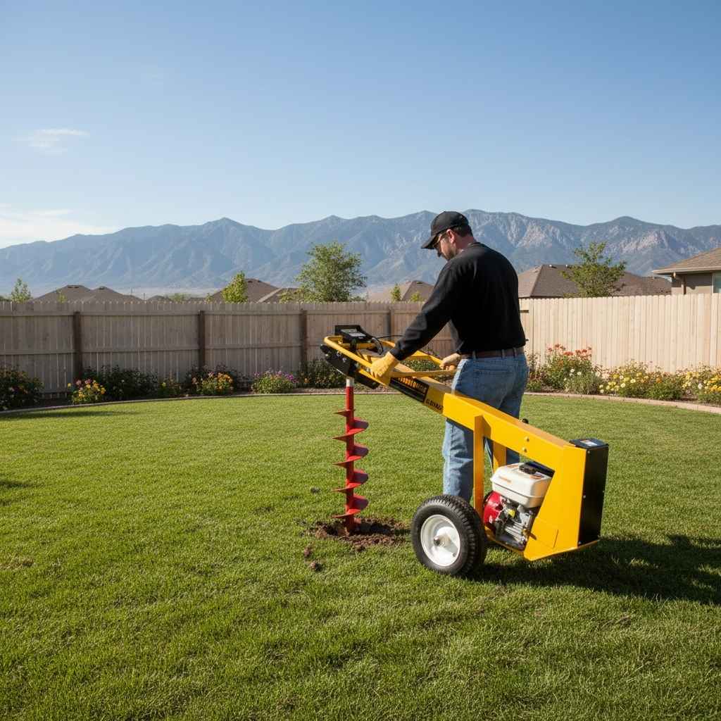 Person using a groundhog 1m5c auger in a backyard with mountains in the background