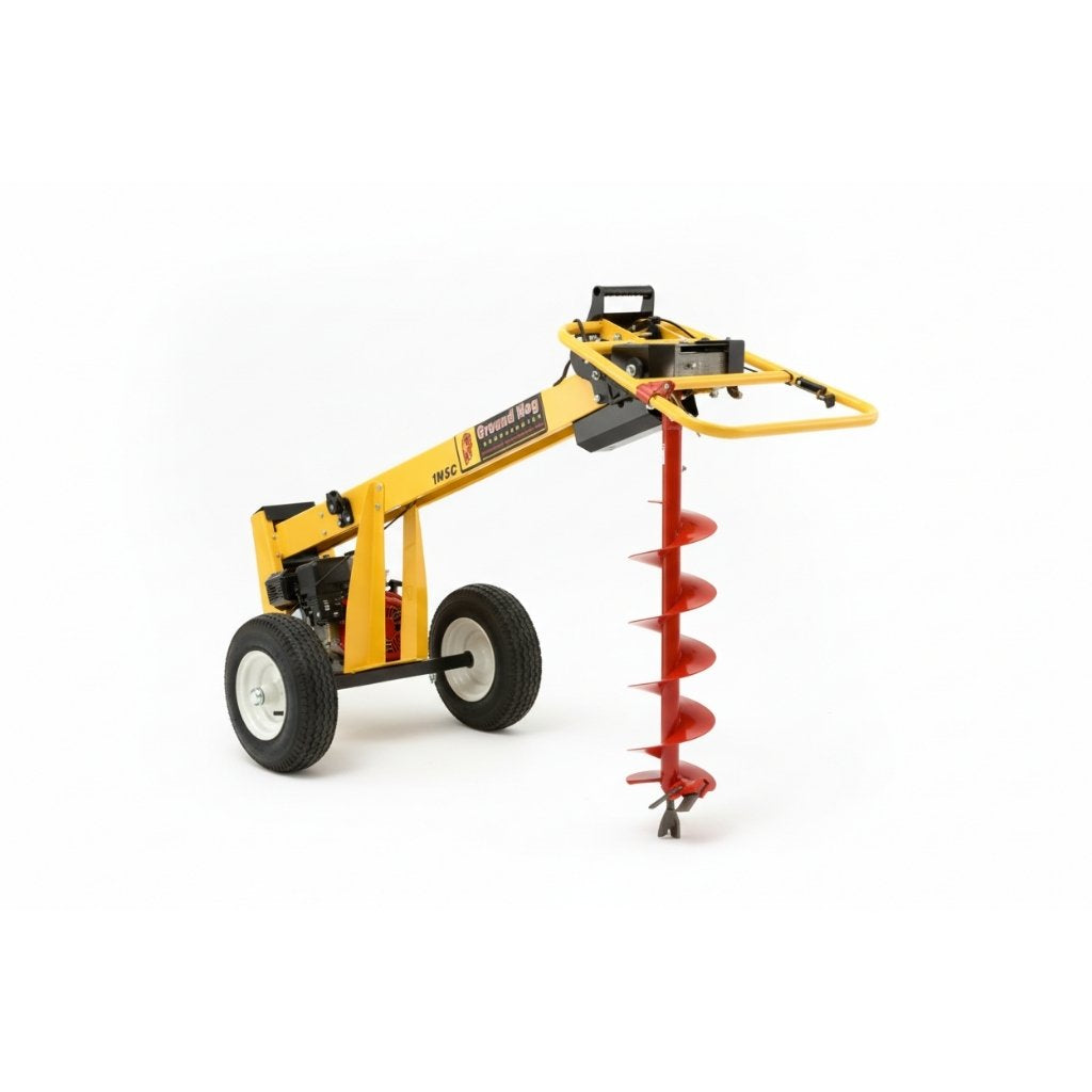 Yellow groundhog one man auger 1m5c with red drill bit on a white background