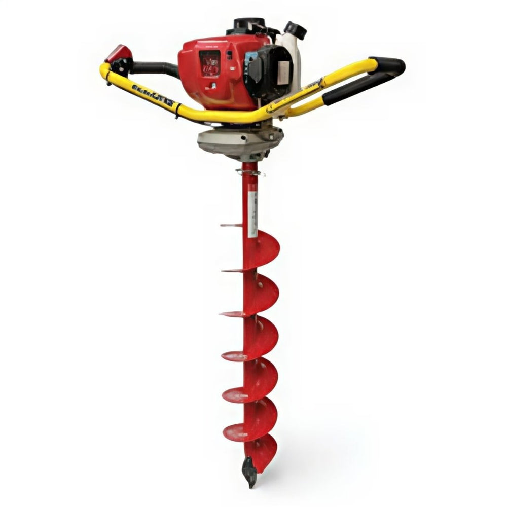 Red and yellow gasoline-powered groundhog model one one man auger on a white background