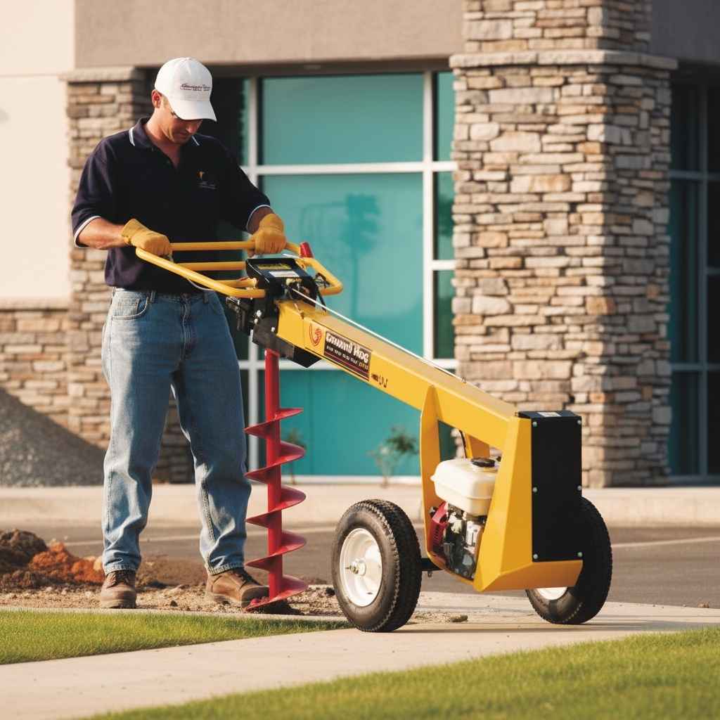 Person using a yellow groundhog one man earth drill in front of a building