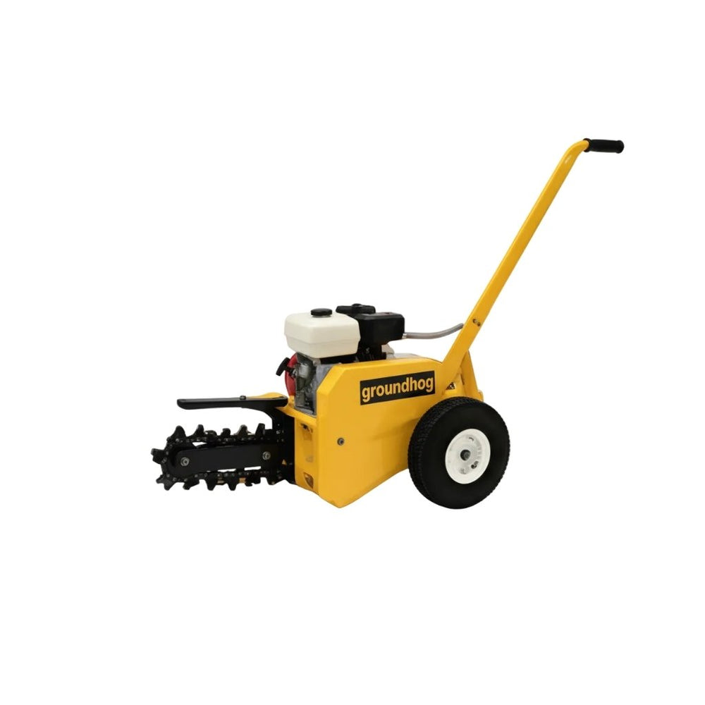Yellow groundhog t4 trencher on a white background