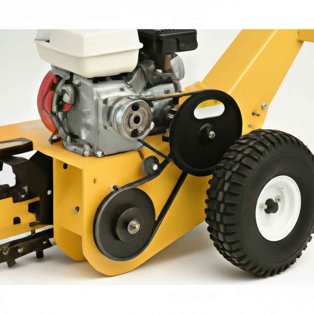Close-up of a yellow groundhog t4 trencher engine and belt system on a white background