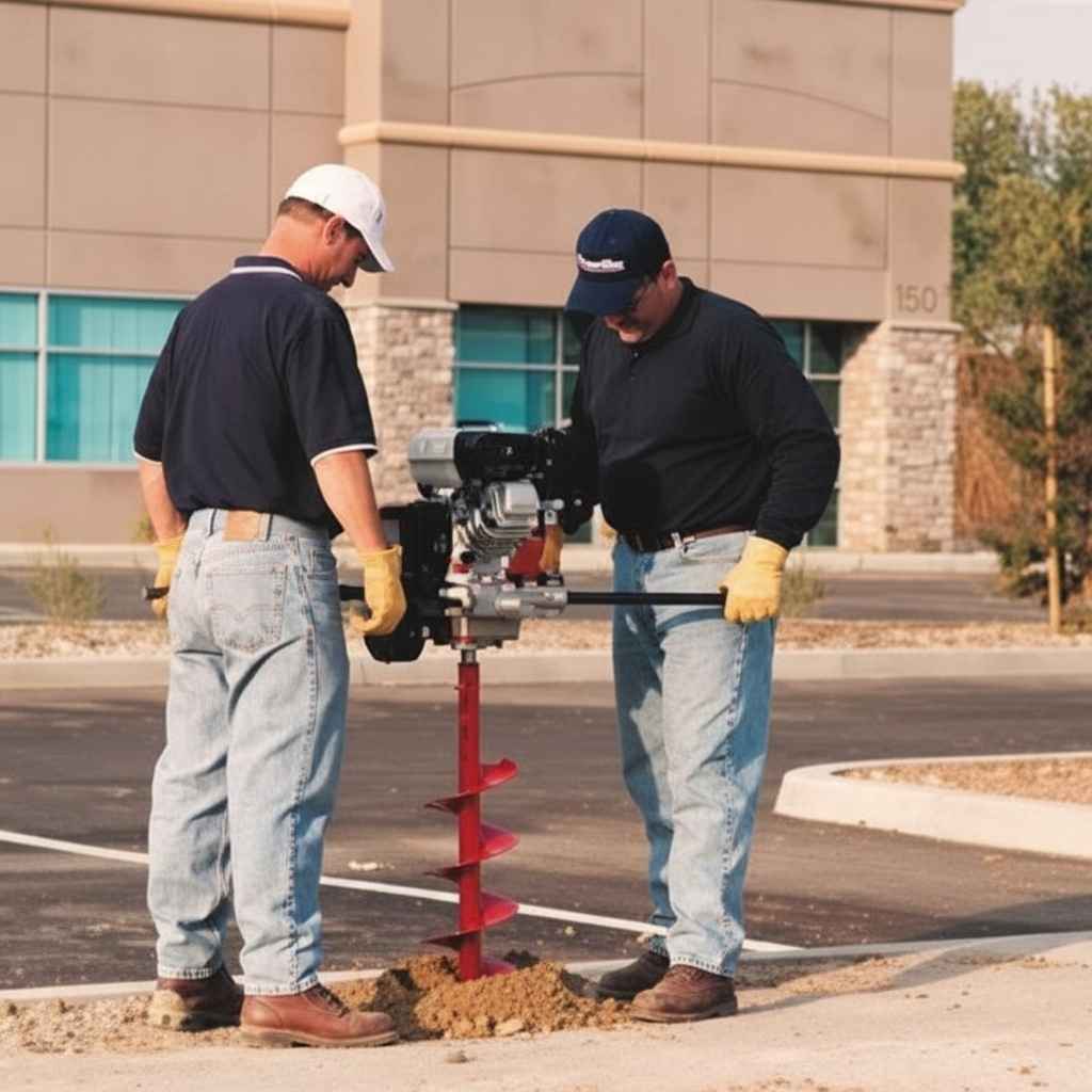 Two men using a groundhog c715 in front of a building.