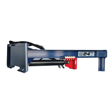 Blue iron and oak 24 ton log splitter with red component on a white background