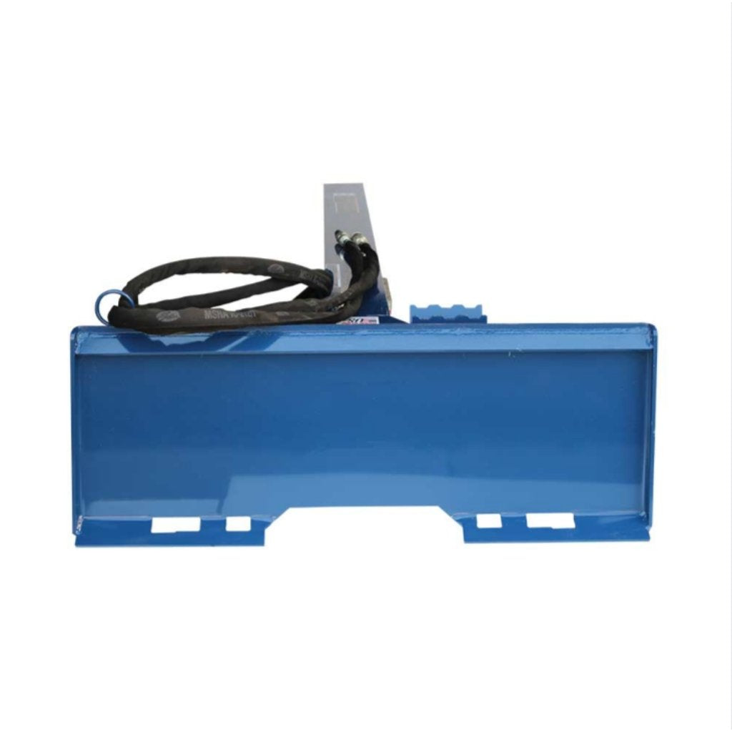 Backside view of a blue iron  oak 24 ton skid steer log splitter on a white background