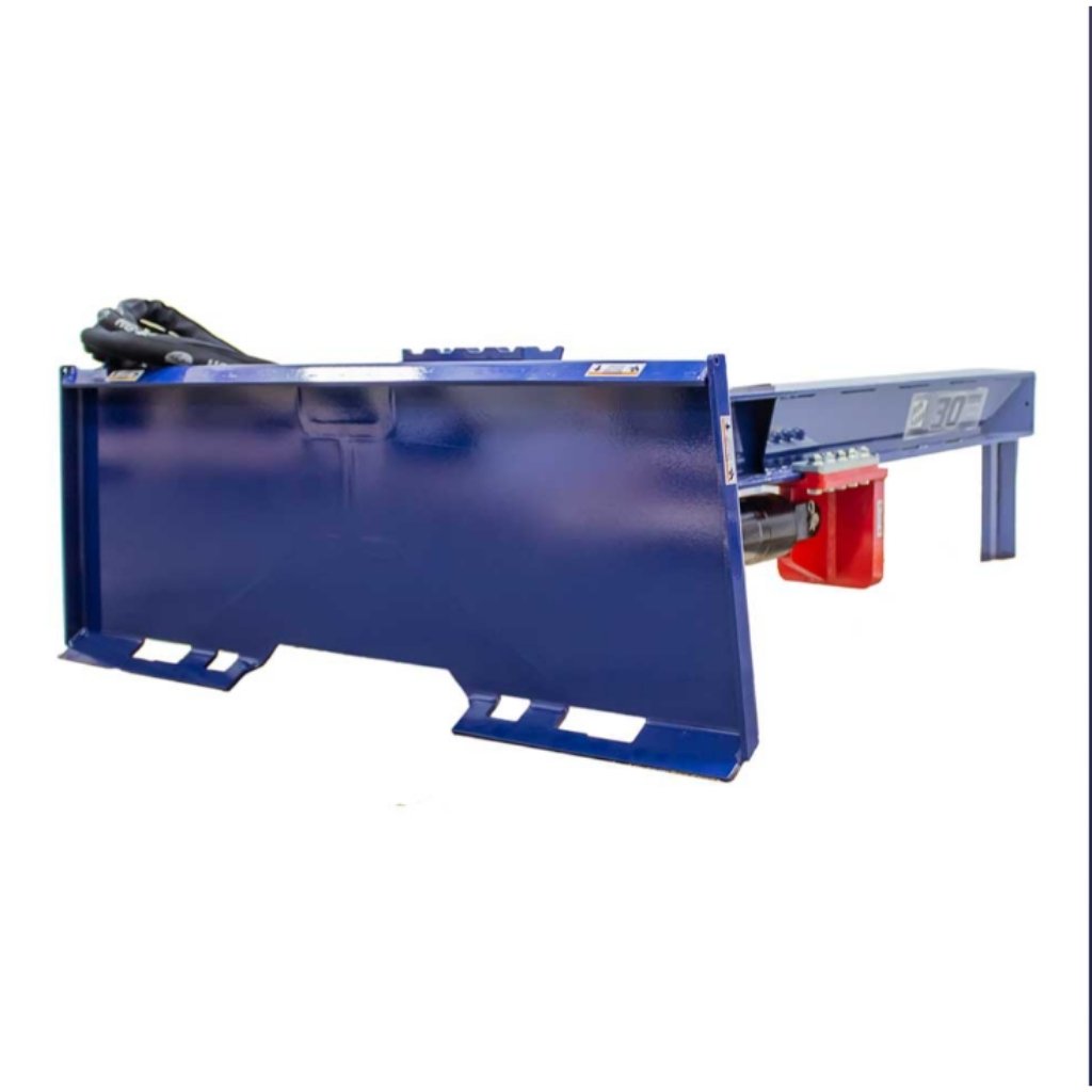 Blue iron and oak 30 ton skid mount log splitter on a white background