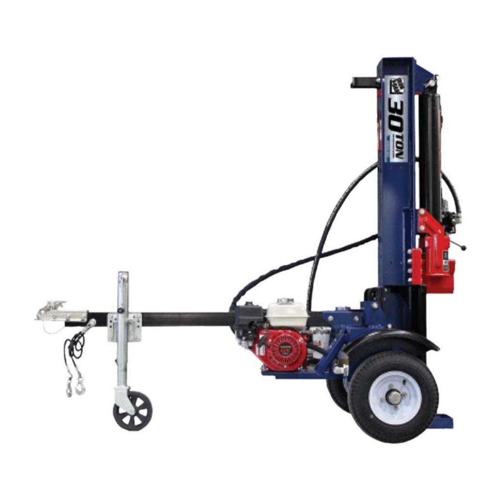 Iron and oak 30 ton towable log splitter in the vertical position on a white background