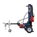 Iron and oak 30 ton towable log splitter in the vertical position on a white background