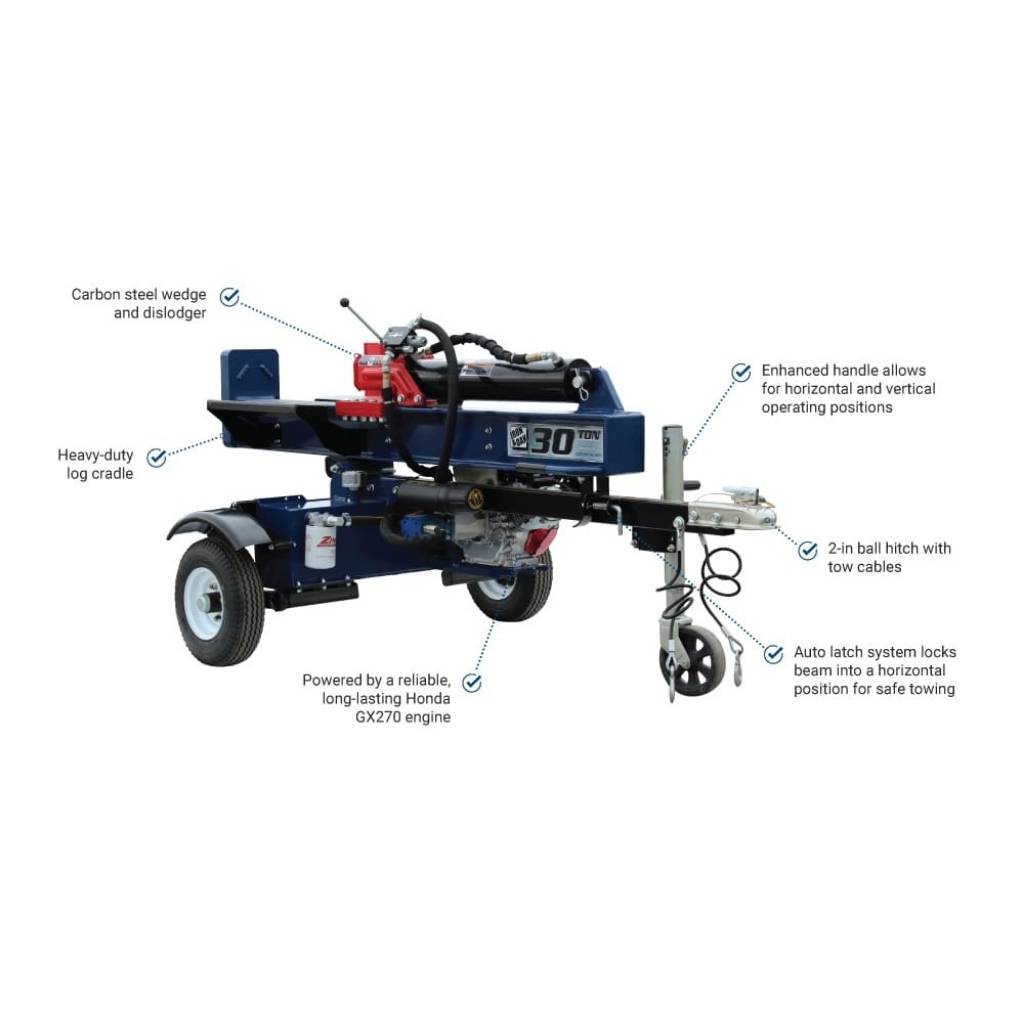 iron and oak Log splitter 30 ton with features highlighted on a white background