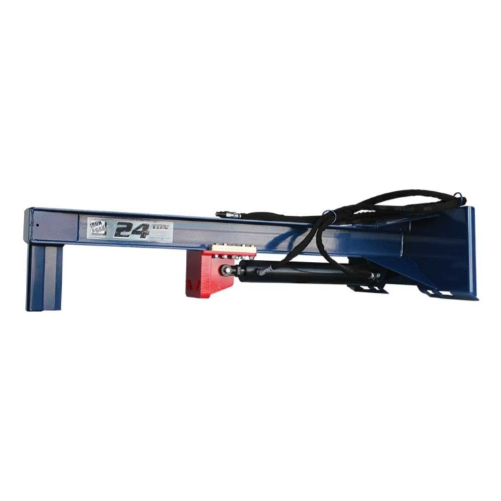 Blue and red iron and oak 24 ton skid mount log splitter on a white background