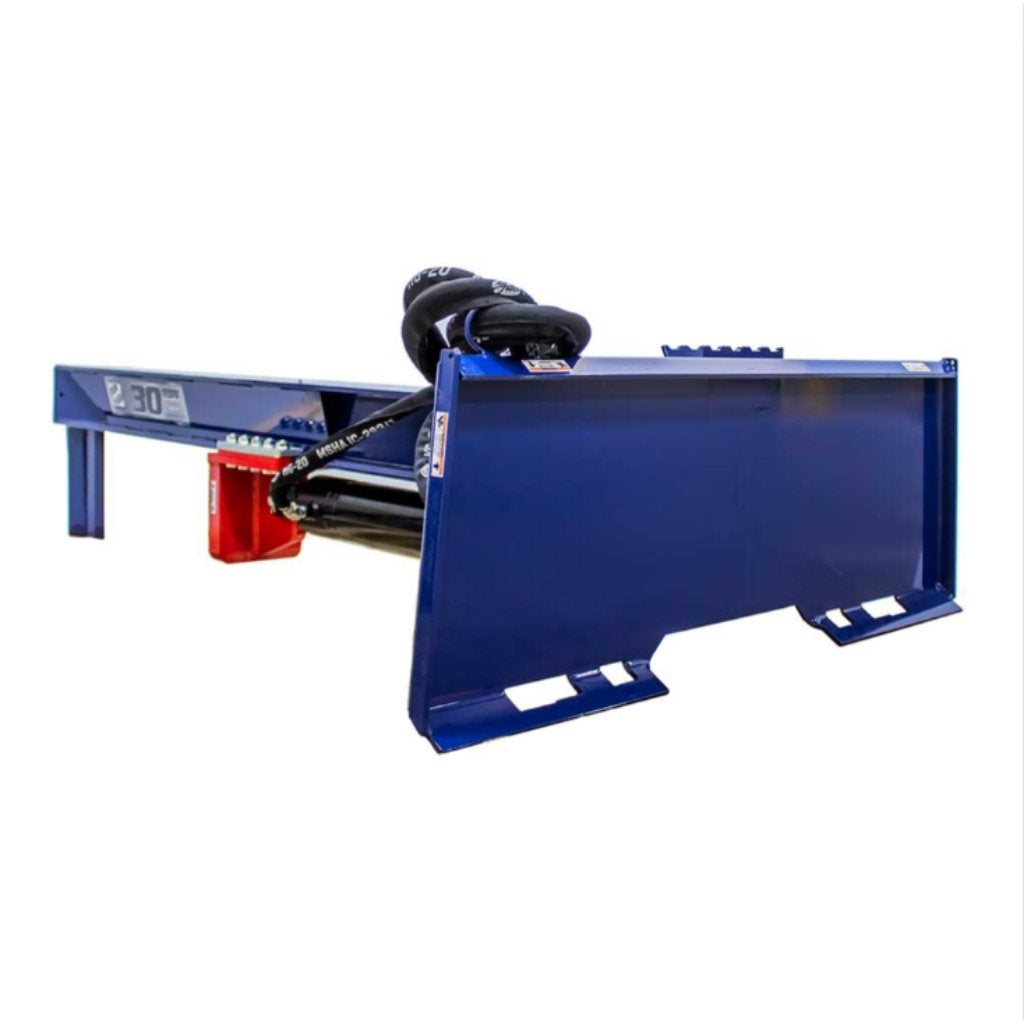 Blue metal iron and  oak 30 ton skid steer log splitter on a white background