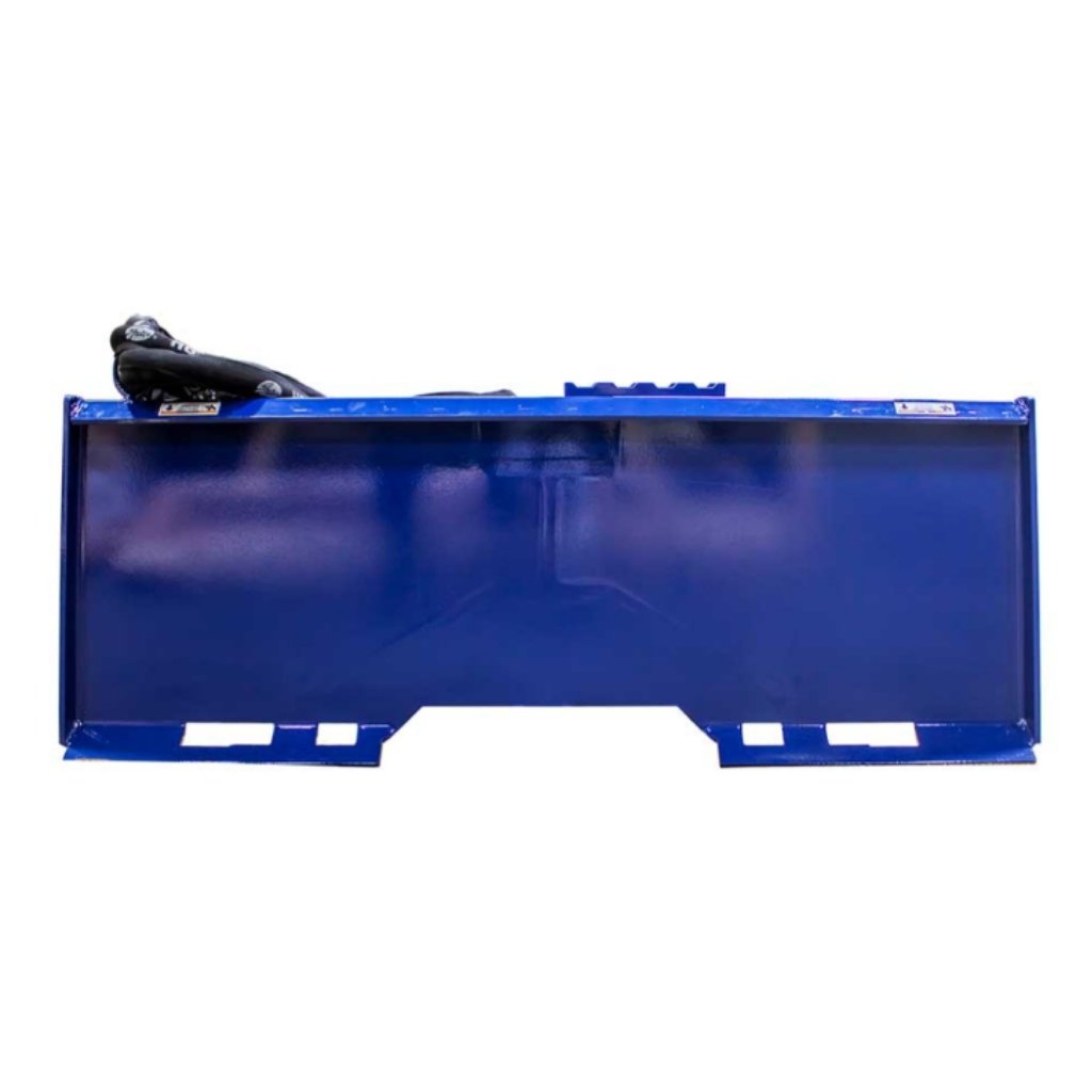Blue iron and oak 30 ton skid steer log splitter with a handle on a white background.