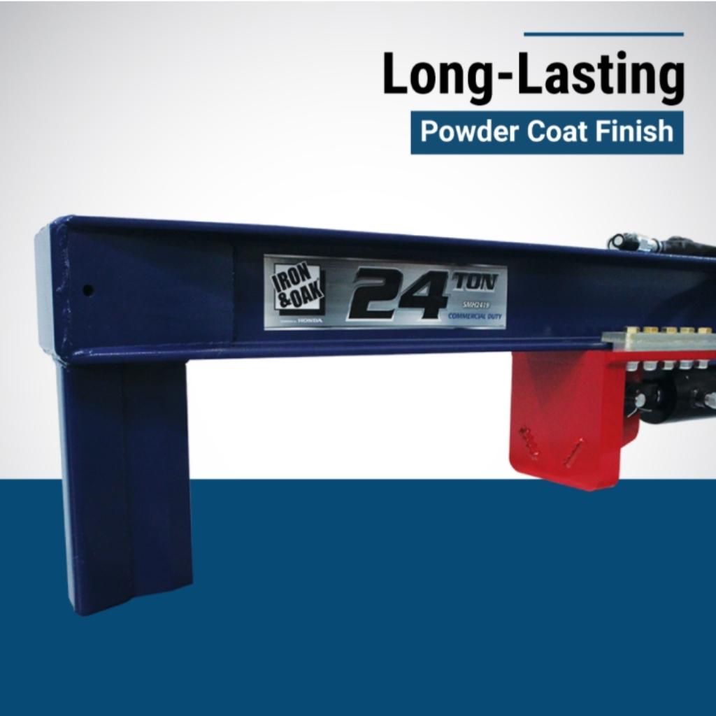 a blue and red 24 ton skid steer mount log splitter with a long lasting powder coat on a white and blue background