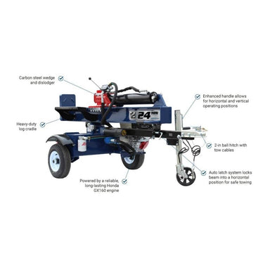 iron and oak 24 ton towable Log splitter with features highlighted on a white background