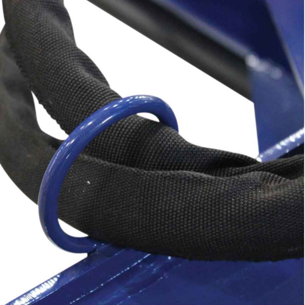 Close up of the hoses of a blue iron & oak 24 ton skid mount log splitter on a white background