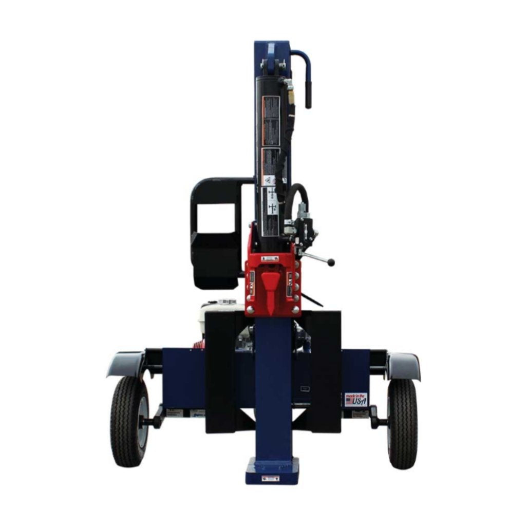 iron and oak 30 ton log splitter in the vertical position front view with a red lever and blue frame on a white background