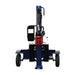 iron and oak 30 ton log splitter in the vertical position front view with a red lever and blue frame on a white background