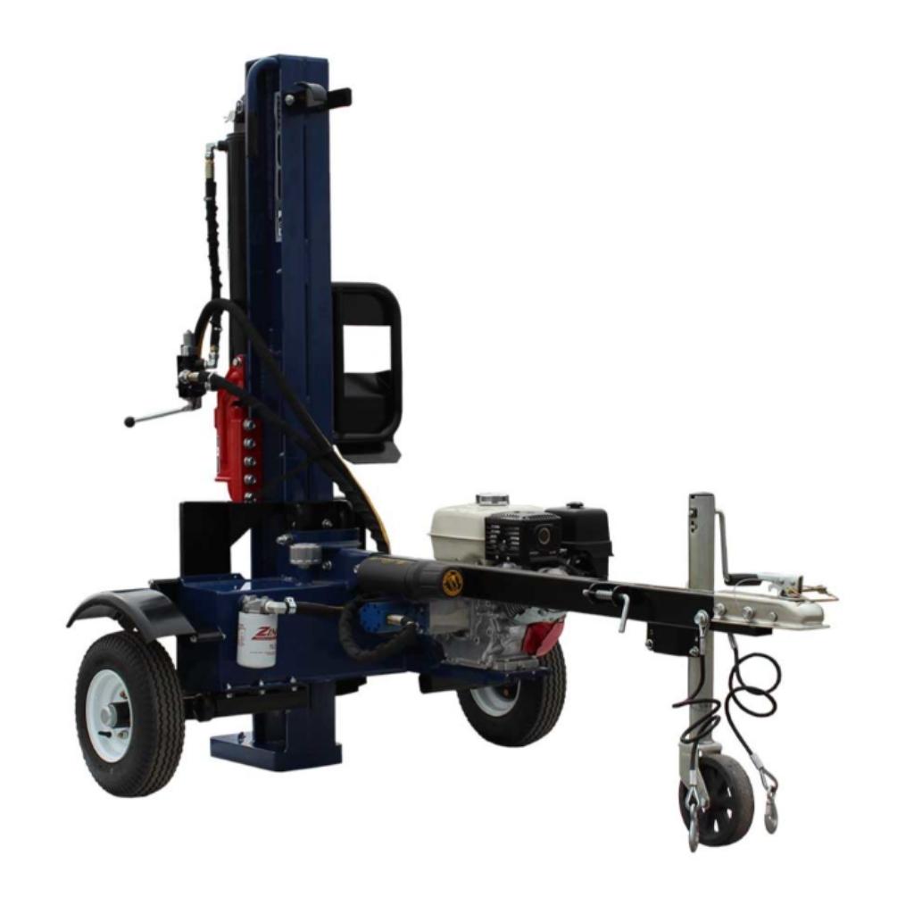 Iron and oak 30 ton towable log splitter in vertical position front side view on a white background