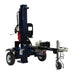 Iron and oak 30 ton towable log splitter in vertical position front side view on a white background