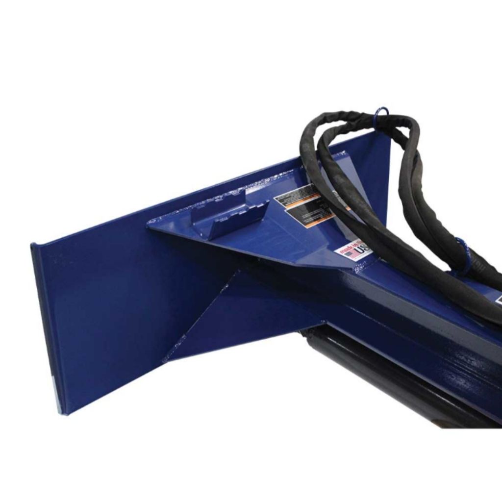 blue iron & oak skid steer mount 24 ton log splitter close up view of the base on a white background