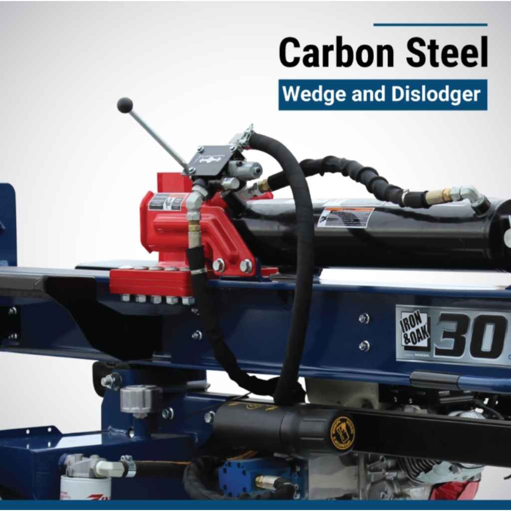 Close-up of an iron and oak 30 ton log splitter tow behind with 'Carbon Steel Wedge and Dislodger' text on a white background