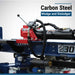 Close-up of an iron and oak 30 ton log splitter tow behind with 'Carbon Steel Wedge and Dislodger' text on a white background